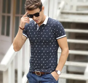 Short Sleeve Mens Polos Homme Turn Down white Collar Tops Cotton Dot Fashion Striped xxxl Solid Clothing