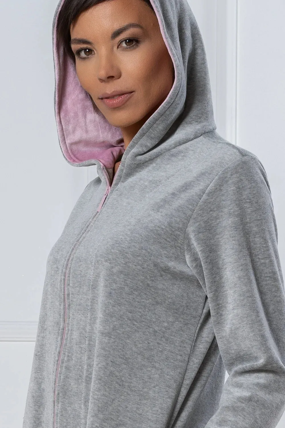 Soft Melange Grey Hooded Zip Bathrobe with Contrasting Details