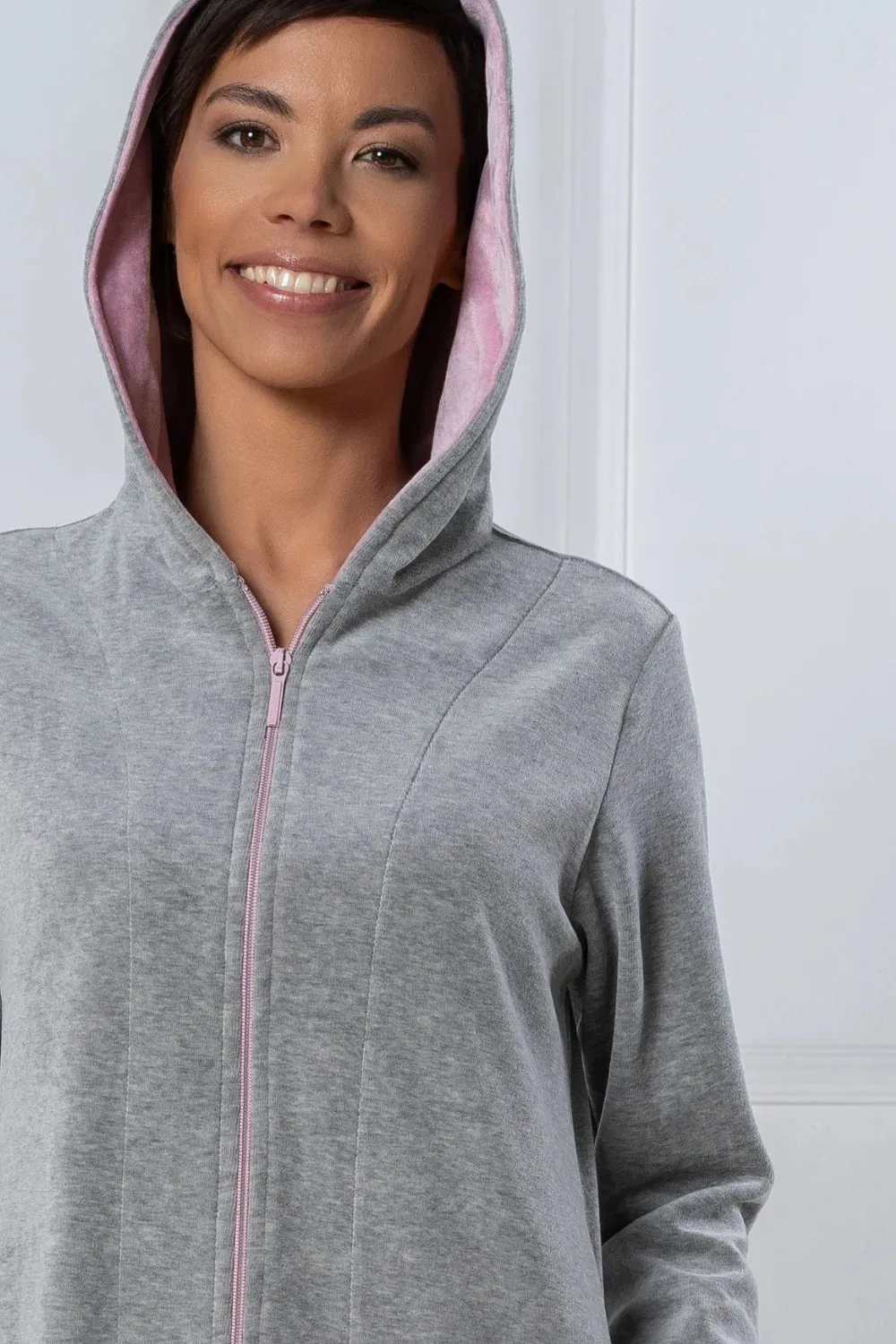 Soft Melange Grey Hooded Zip Bathrobe with Contrasting Details