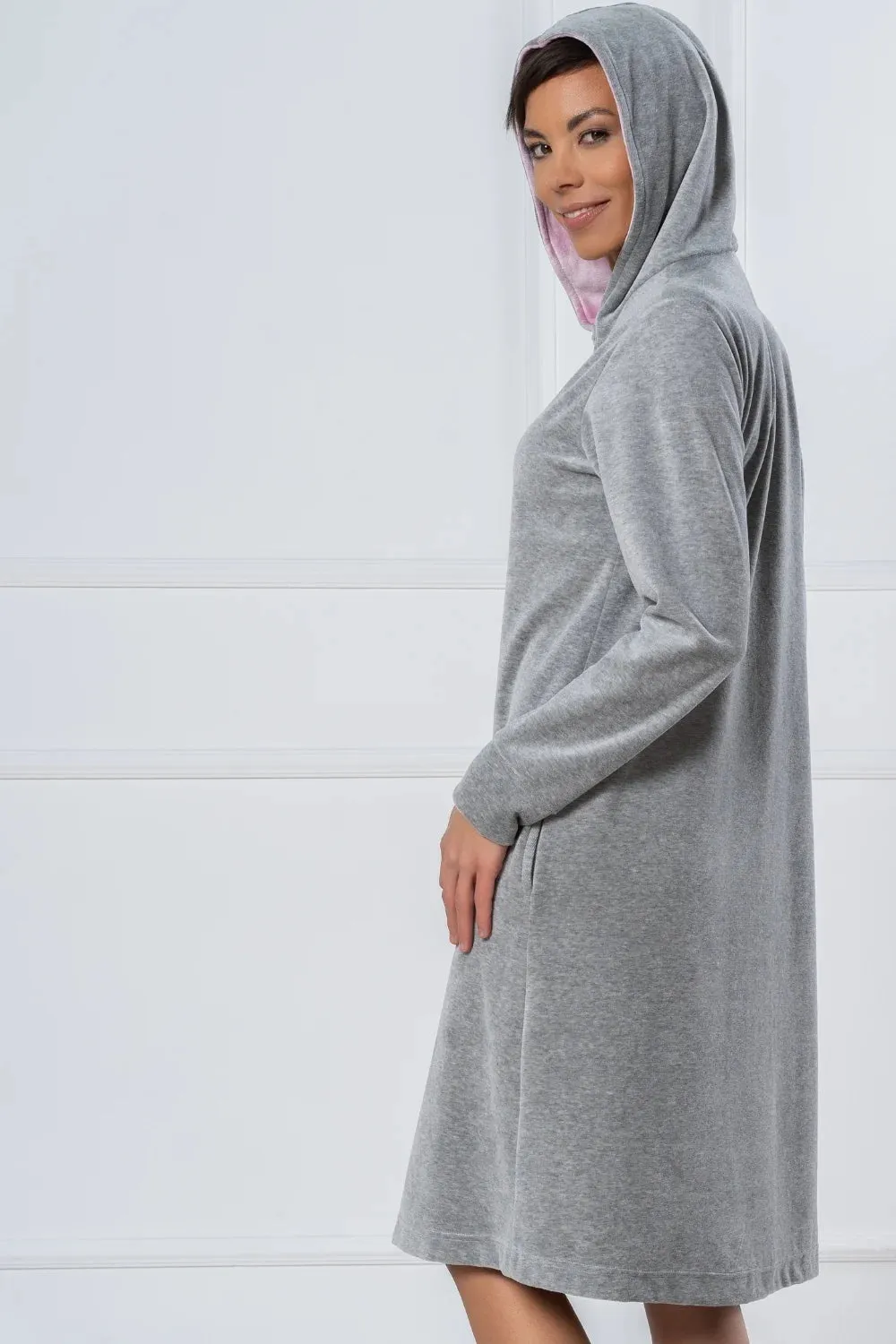 Soft Melange Grey Hooded Zip Bathrobe with Contrasting Details