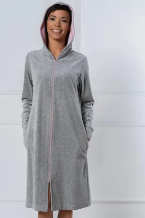 Soft Melange Grey Hooded Zip Bathrobe with Contrasting Details