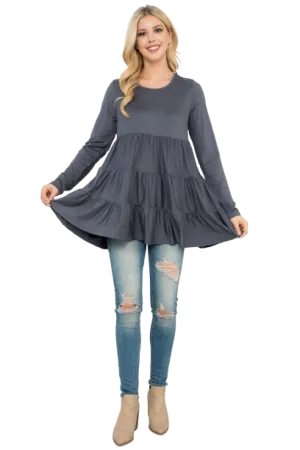 Solid Long Sleeve Tiered Top Grey Dark - Pack of 4
