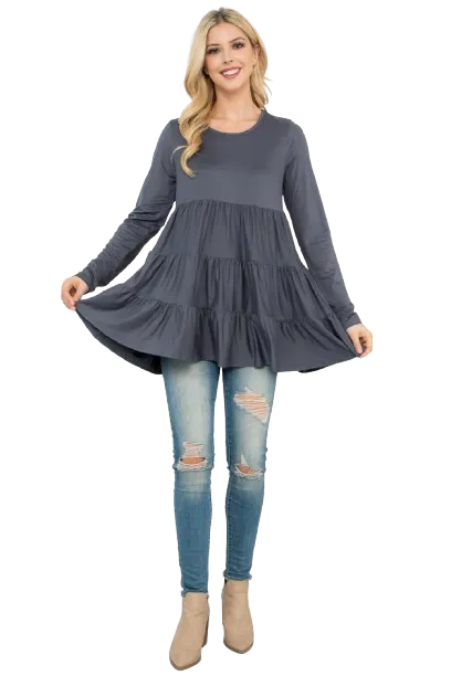 Solid Long Sleeve Tiered Top Grey Dark - Pack of 4