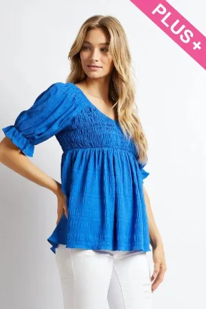 SOLID SMOCKED SHORT SLEEVE RUFFLE TOP