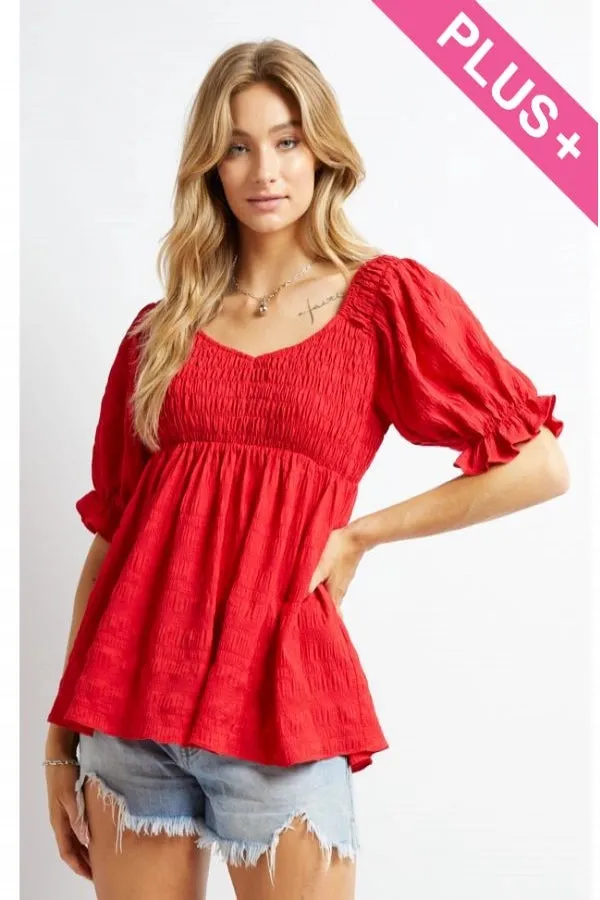 SOLID SMOCKED SHORT SLEEVE RUFFLE TOP