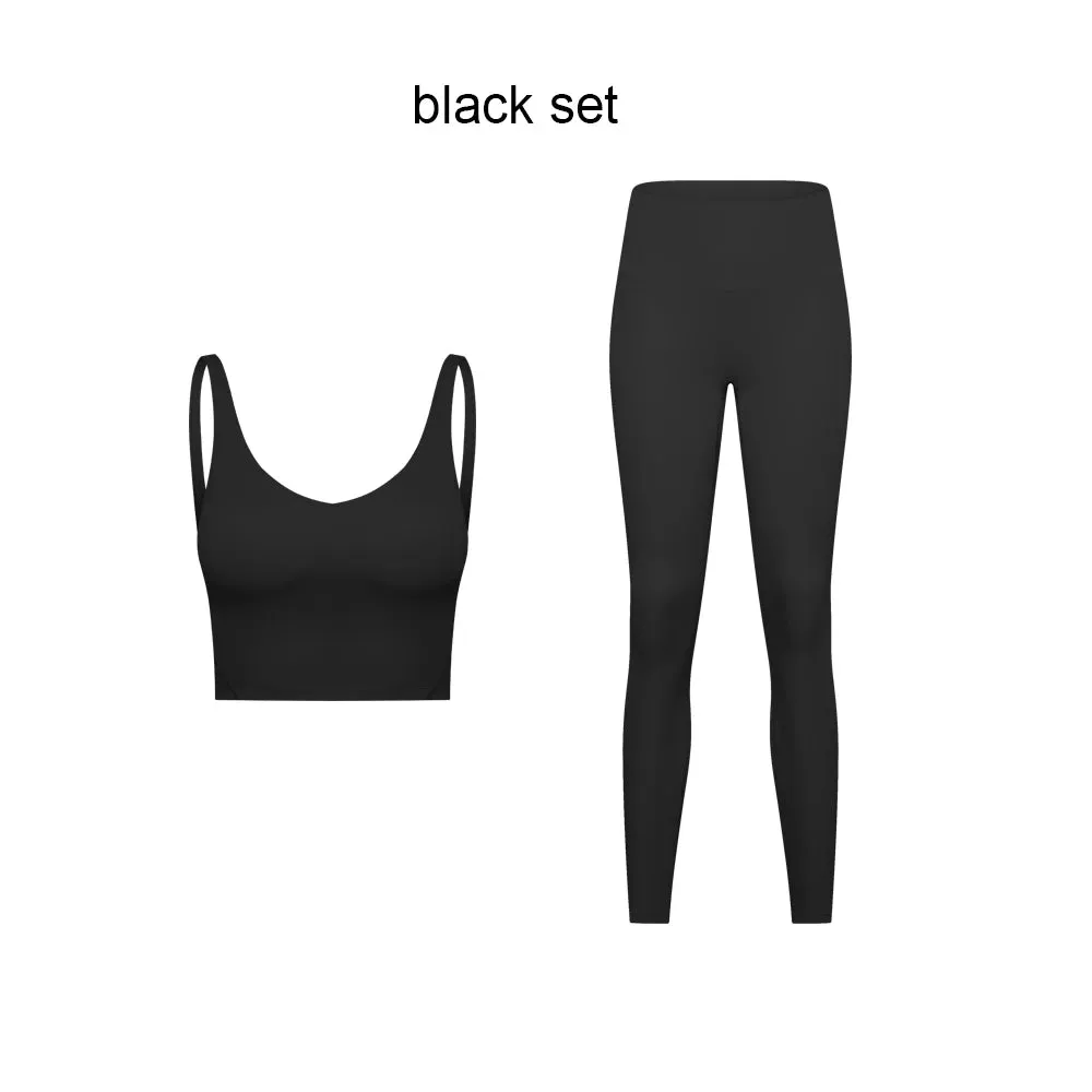 Stretch Nylon Spandex Workout Outfit - Women's Tracksuit with Padded Crop Tank Bra and High Waist Yoga Leggings