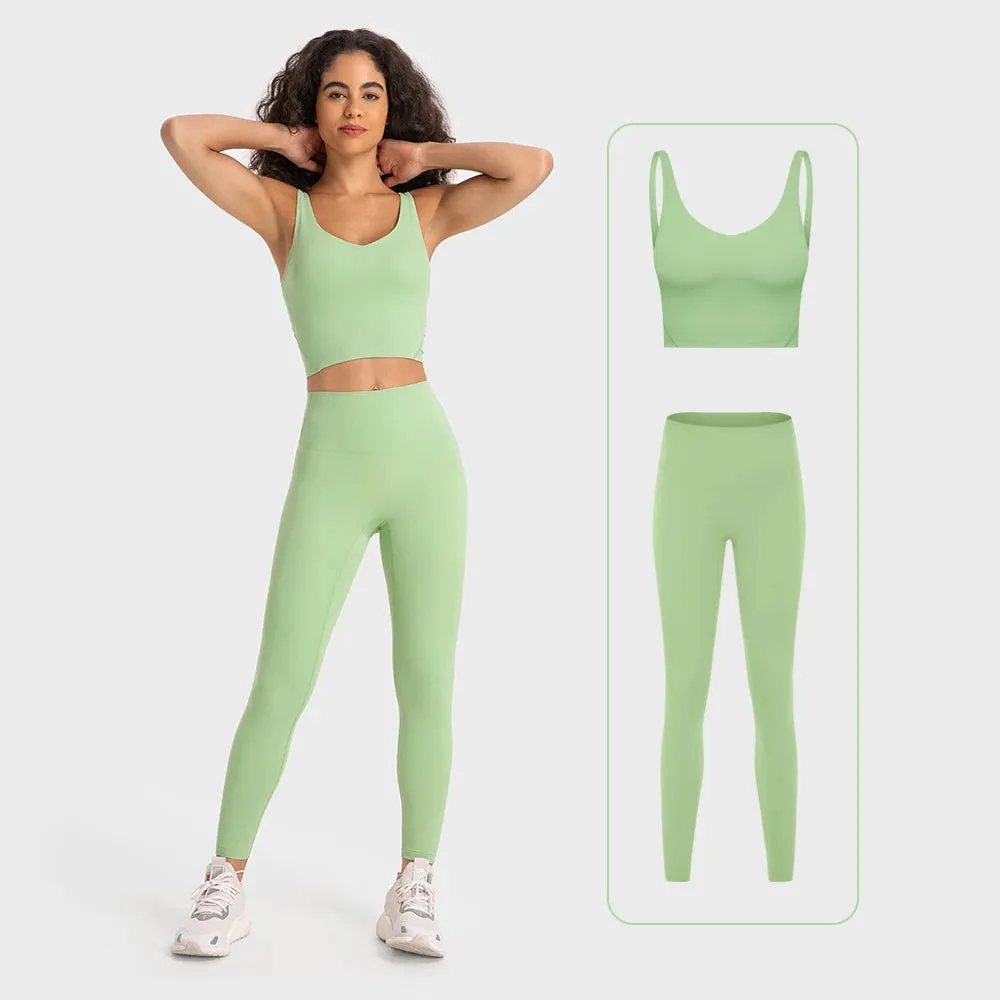 Stretch Nylon Spandex Workout Outfit - Women's Tracksuit with Padded Crop Tank Bra and High Waist Yoga Leggings