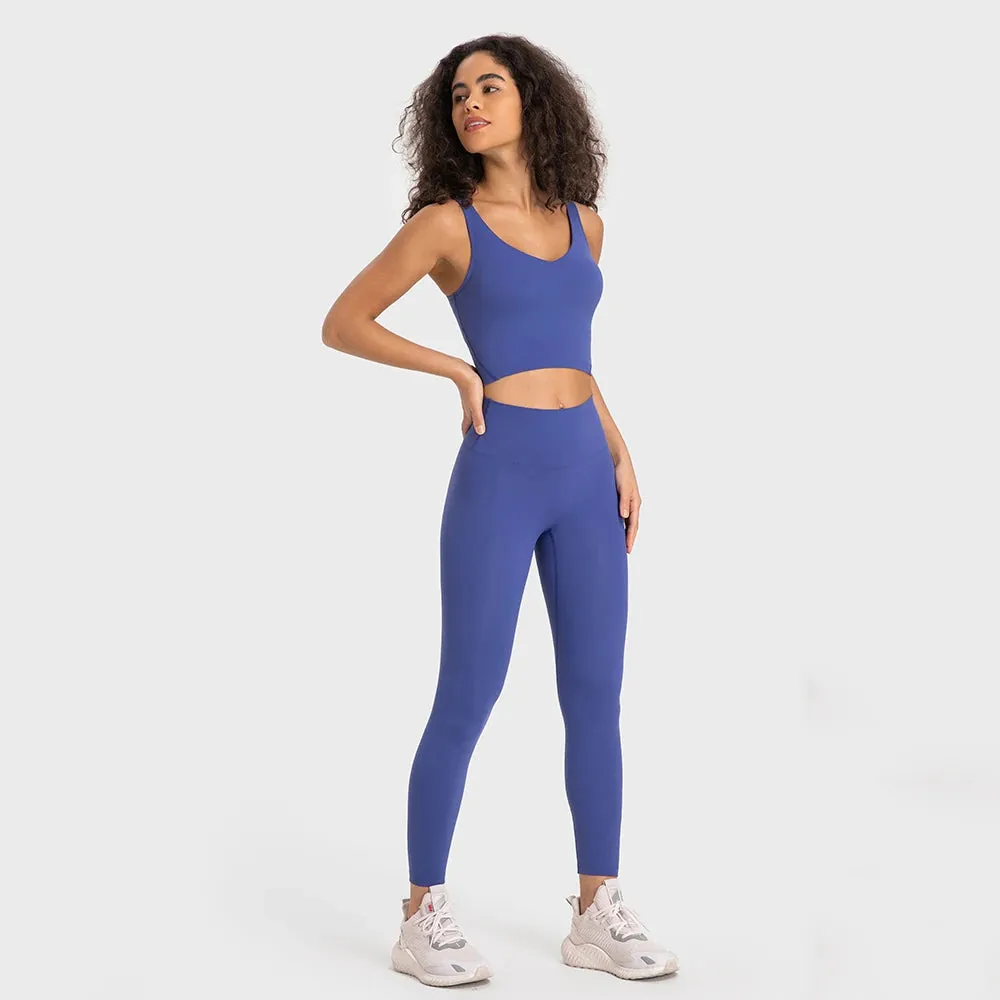 Stretch Nylon Spandex Workout Outfit - Women's Tracksuit with Padded Crop Tank Bra and High Waist Yoga Leggings