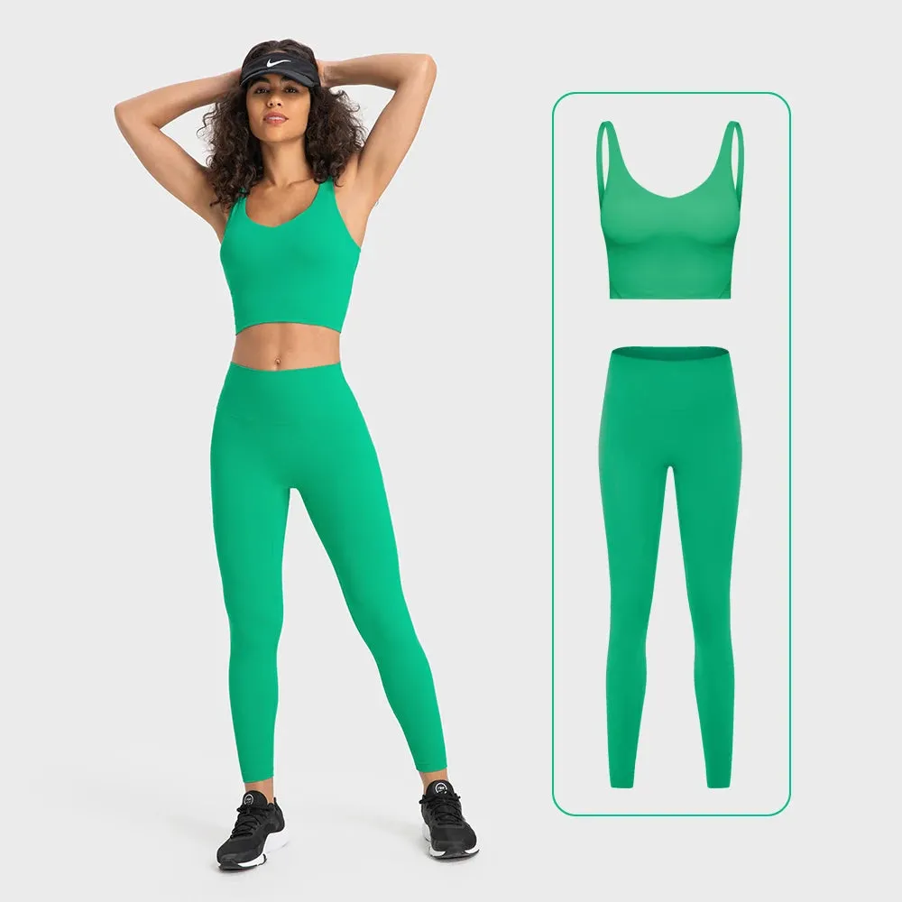 Stretch Nylon Spandex Workout Outfit - Women's Tracksuit with Padded Crop Tank Bra and High Waist Yoga Leggings
