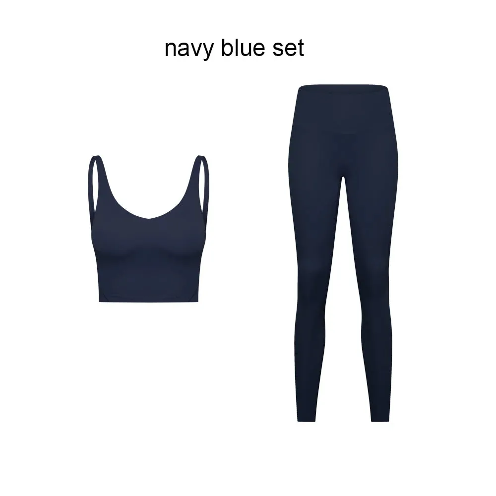 Stretch Nylon Spandex Workout Outfit - Women's Tracksuit with Padded Crop Tank Bra and High Waist Yoga Leggings