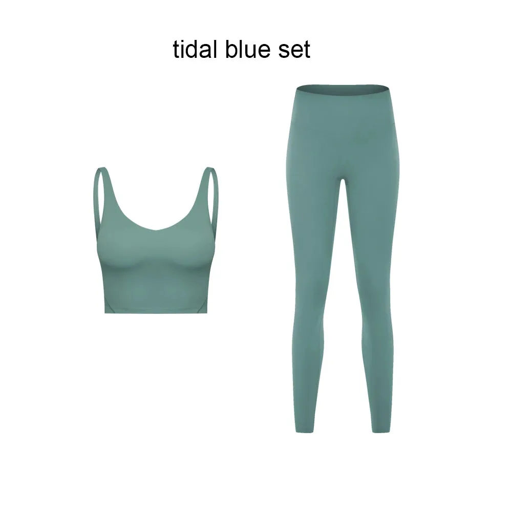 Stretch Nylon Spandex Workout Outfit - Women's Tracksuit with Padded Crop Tank Bra and High Waist Yoga Leggings