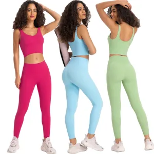 Stretch Nylon Spandex Workout Outfit - Women's Tracksuit with Padded Crop Tank Bra and High Waist Yoga Leggings