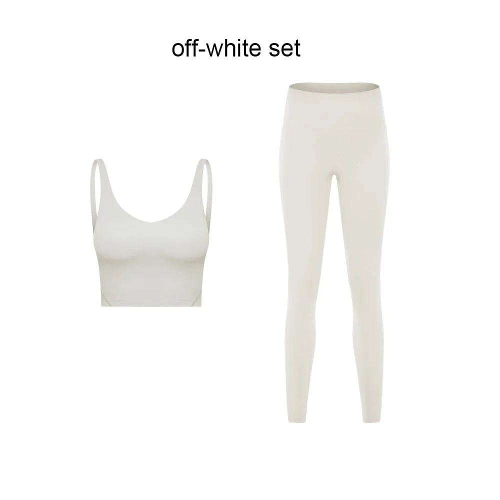 Stretch Nylon Spandex Workout Outfit - Women's Tracksuit with Padded Crop Tank Bra and High Waist Yoga Leggings