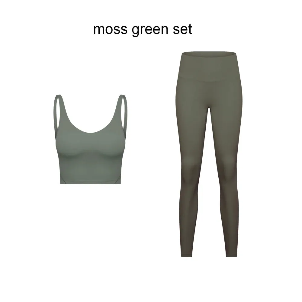 Stretch Nylon Spandex Workout Outfit - Women's Tracksuit with Padded Crop Tank Bra and High Waist Yoga Leggings