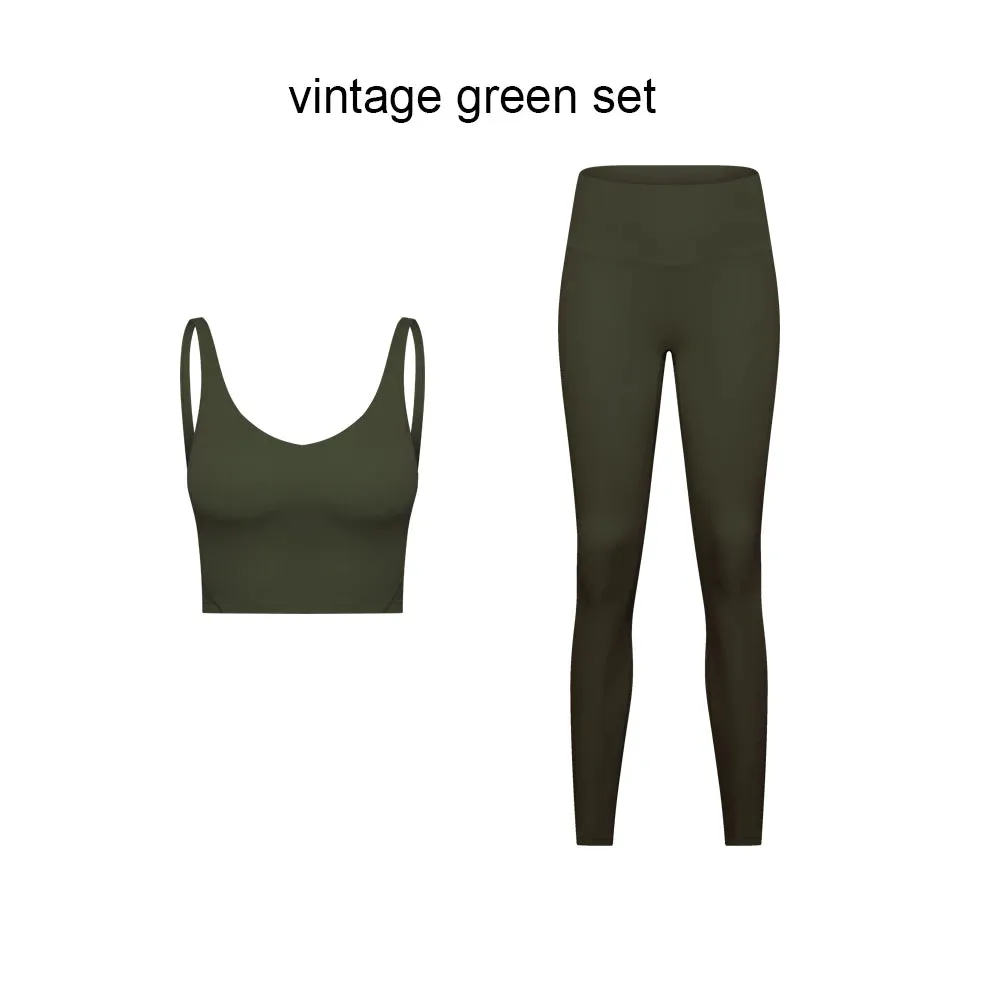 Stretch Nylon Spandex Workout Outfit - Women's Tracksuit with Padded Crop Tank Bra and High Waist Yoga Leggings