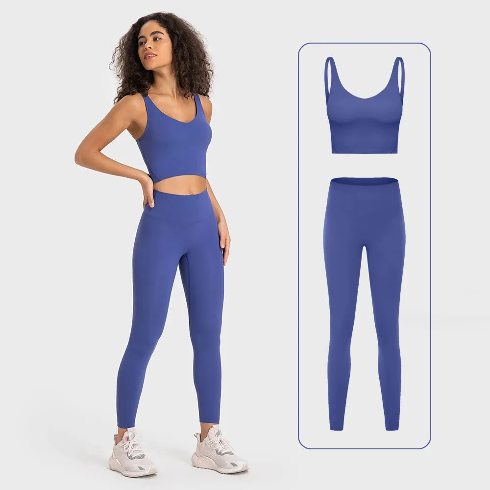 Stretch Nylon Spandex Workout Outfit - Women's Tracksuit with Padded Crop Tank Bra and High Waist Yoga Leggings