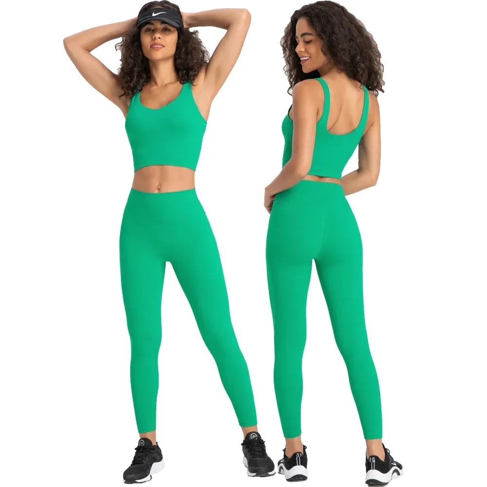 Stretch Nylon Spandex Workout Outfit - Women's Tracksuit with Padded Crop Tank Bra and High Waist Yoga Leggings