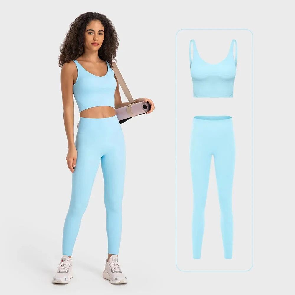 Stretch Nylon Spandex Workout Outfit - Women's Tracksuit with Padded Crop Tank Bra and High Waist Yoga Leggings