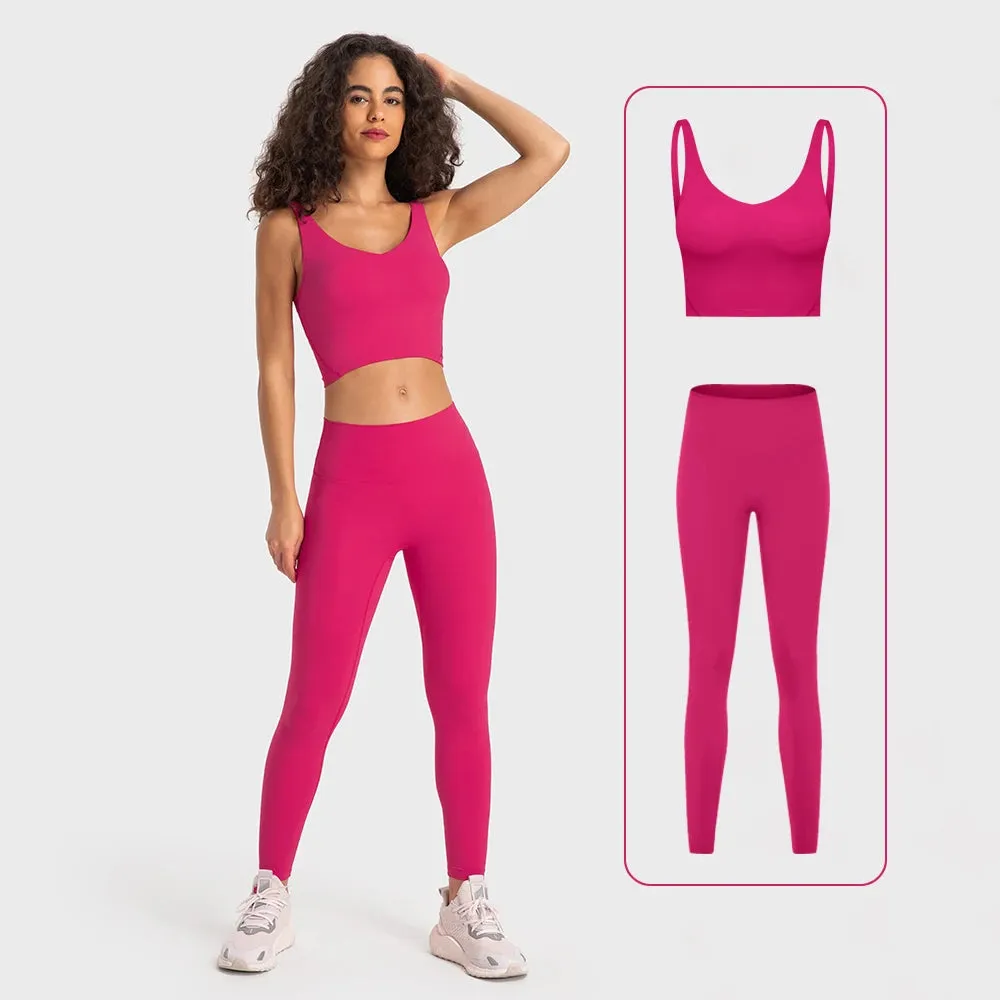 Stretch Nylon Spandex Workout Outfit - Women's Tracksuit with Padded Crop Tank Bra and High Waist Yoga Leggings
