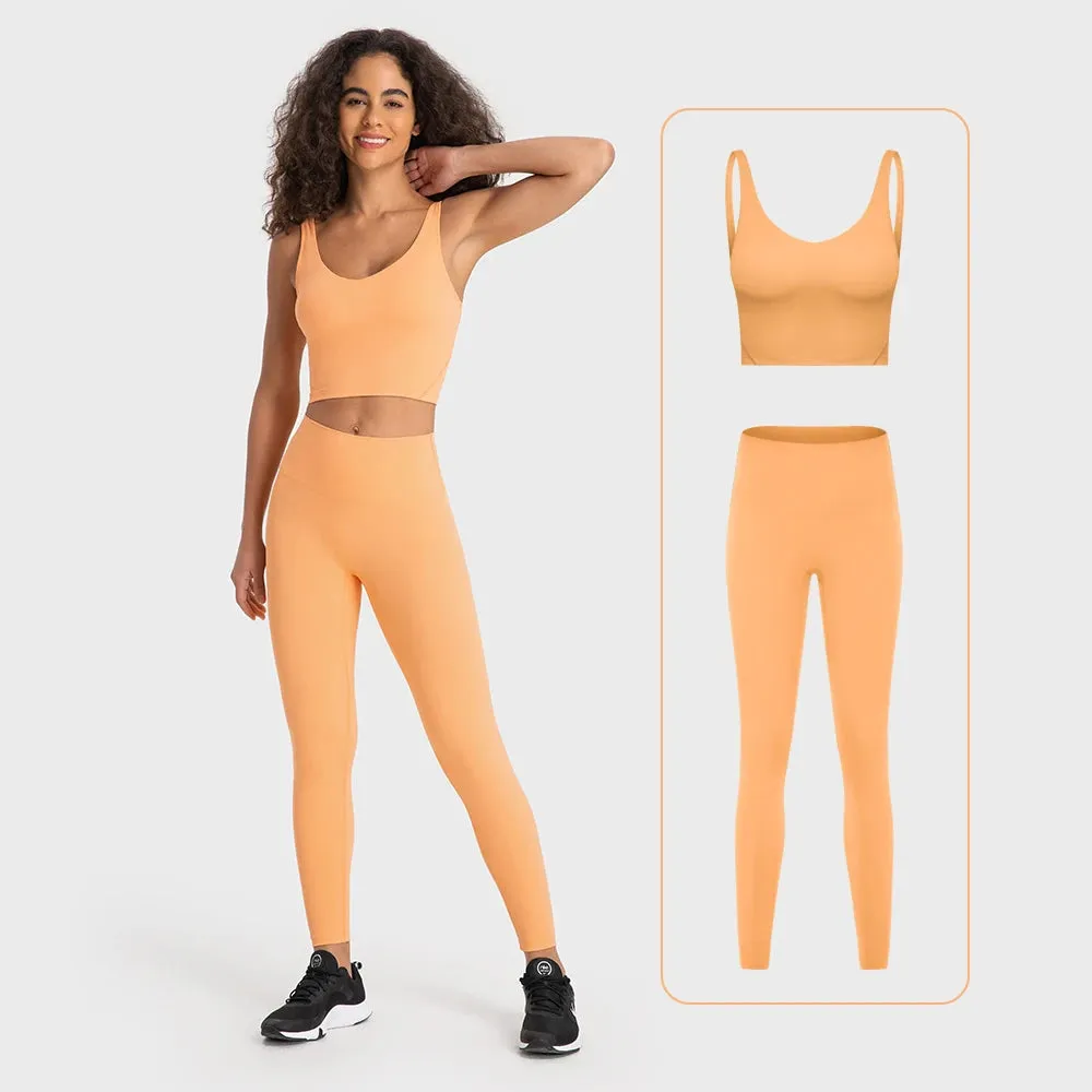 Stretch Nylon Spandex Workout Outfit - Women's Tracksuit with Padded Crop Tank Bra and High Waist Yoga Leggings