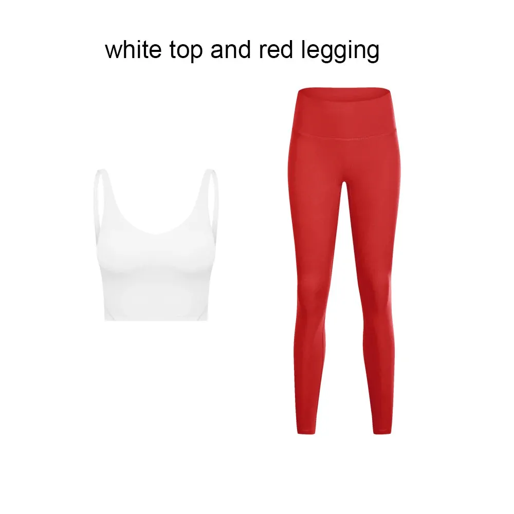 Stretch Nylon Spandex Workout Outfit - Women's Tracksuit with Padded Crop Tank Bra and High Waist Yoga Leggings