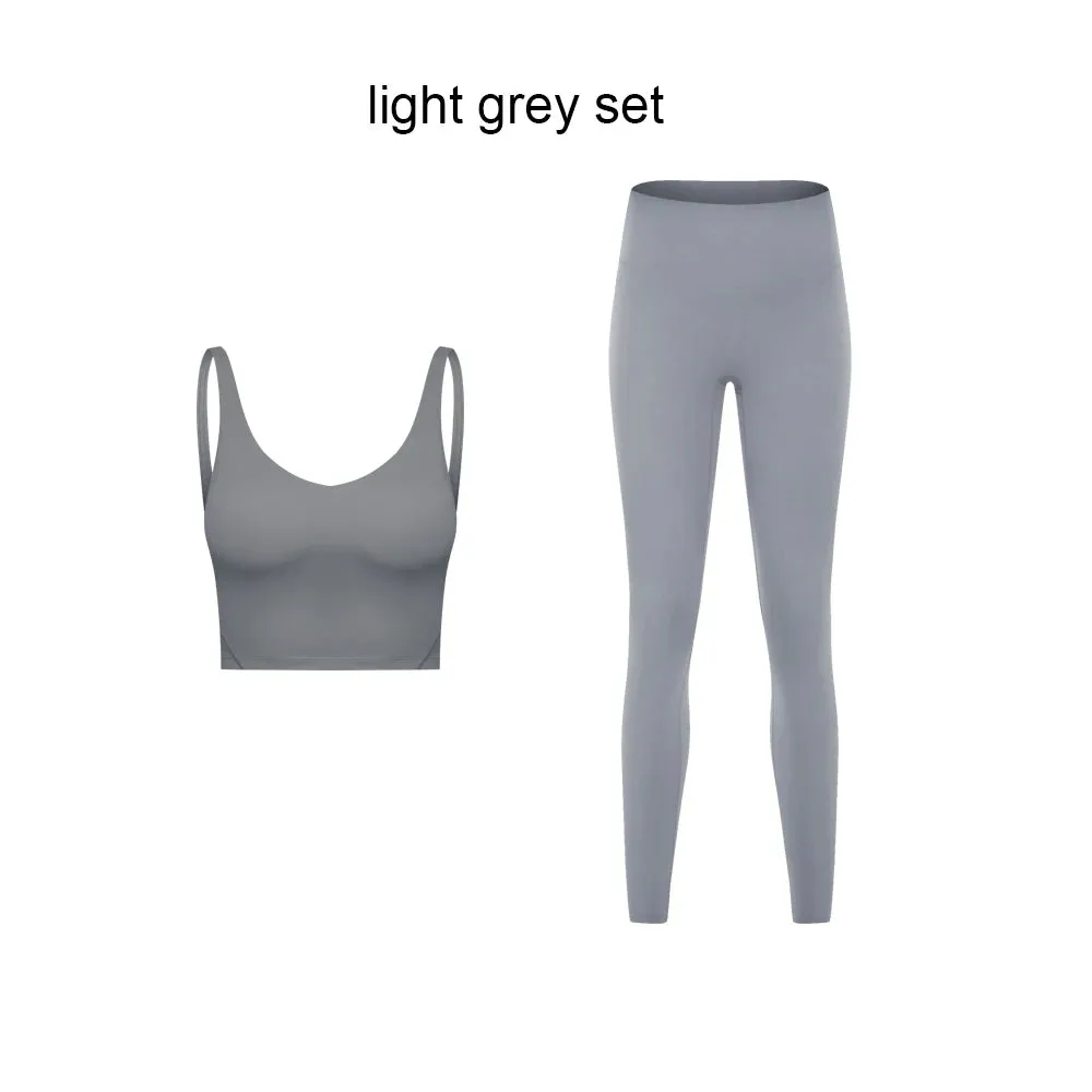 Stretch Nylon Spandex Workout Outfit - Women's Tracksuit with Padded Crop Tank Bra and High Waist Yoga Leggings