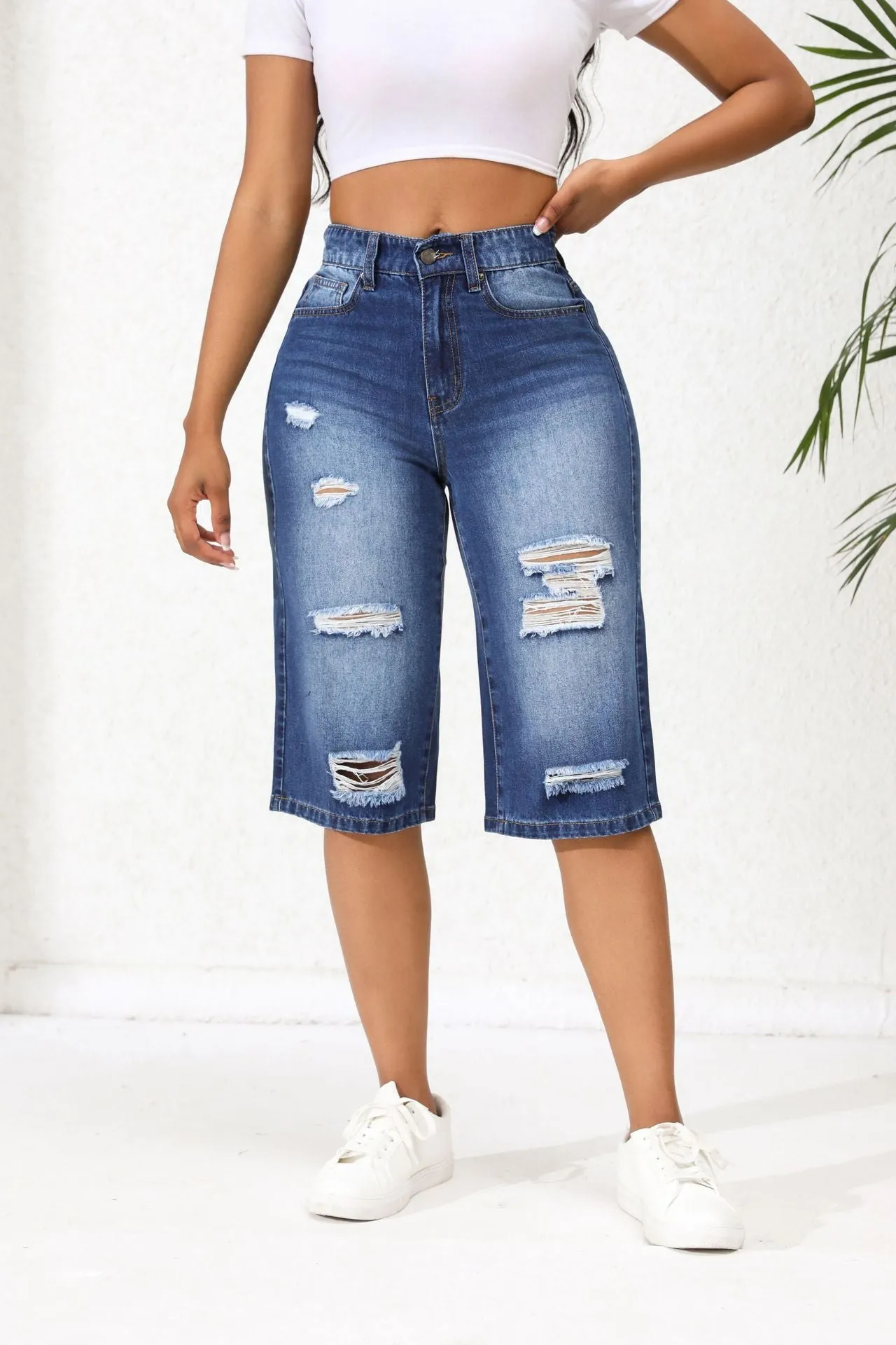 Summer Ripped Cropped Straight Leg Loose Shorts