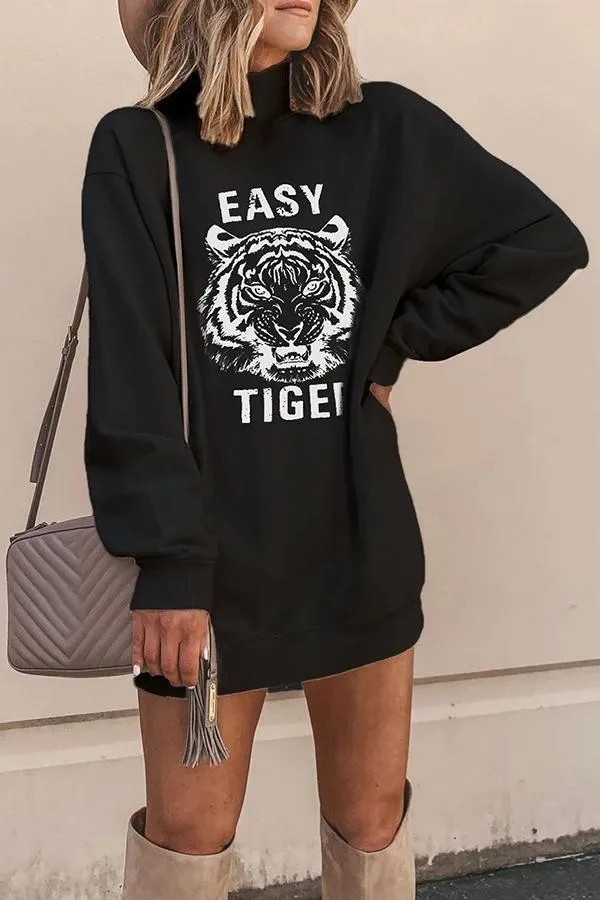 Turtleneck Tiger Print Sweatshirt Tops
