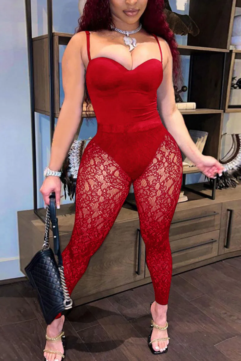 UH894 Solid Bodysuit Top and Lace Pants Set