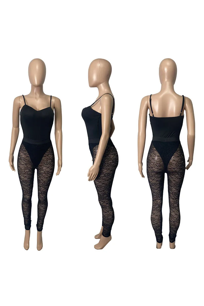 UH894 Solid Bodysuit Top and Lace Pants Set