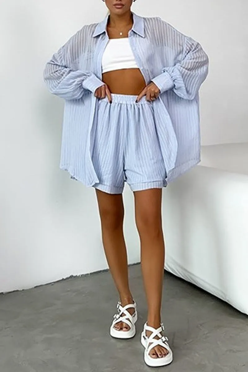 UK0540 Stripes Cutton Shirt and Shorts Set