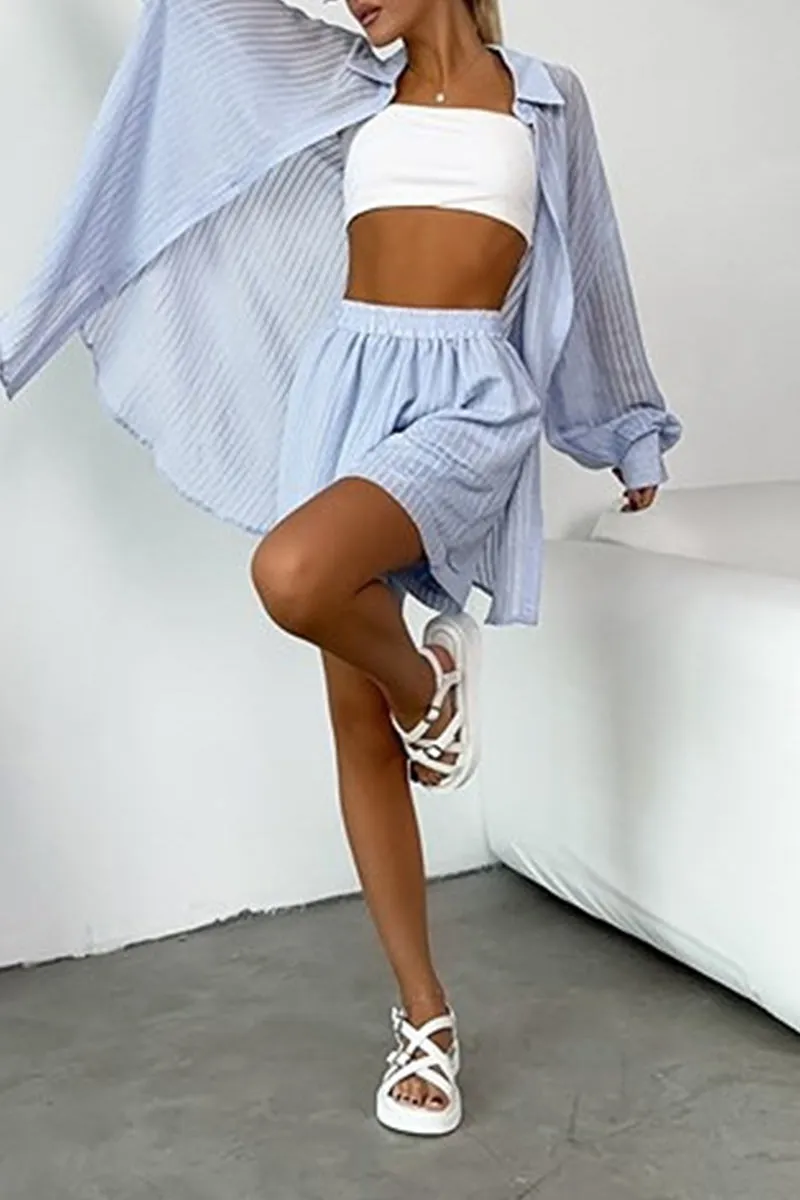 UK0540 Stripes Cutton Shirt and Shorts Set