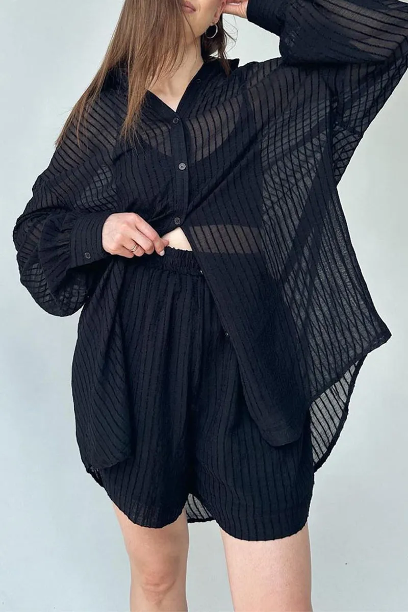 UK0540 Stripes Cutton Shirt and Shorts Set