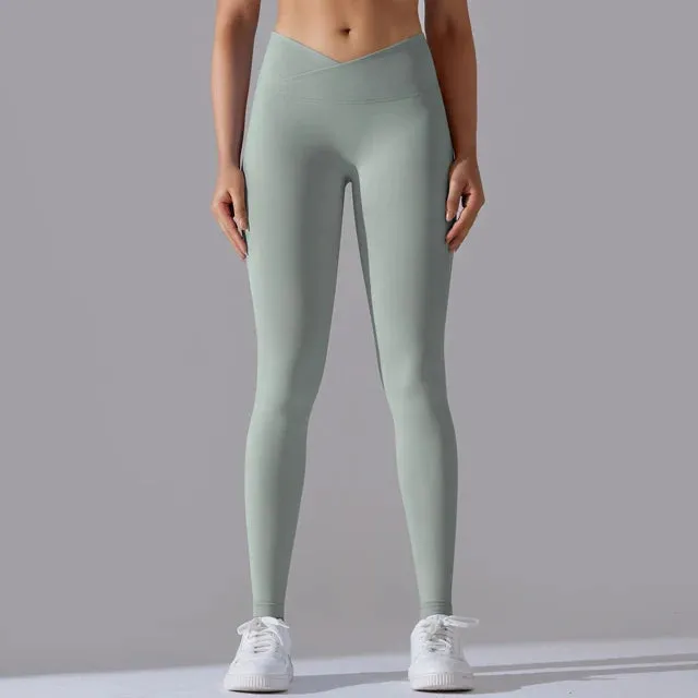 V Cross Waist Seamless Leggings - Women's High Waist Push Up Butt Yoga Pants
