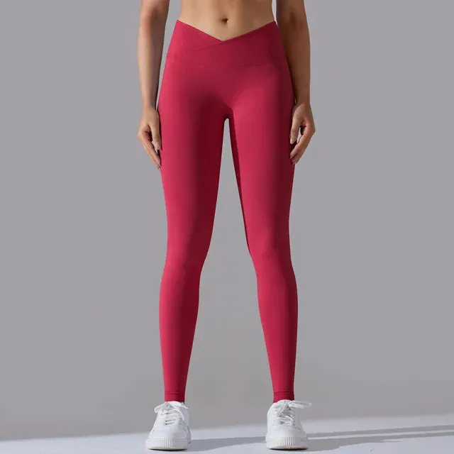 V Cross Waist Seamless Leggings - Women's High Waist Push Up Butt Yoga Pants