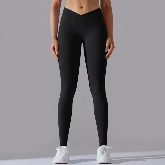 V Cross Waist Seamless Leggings - Women's High Waist Push Up Butt Yoga Pants