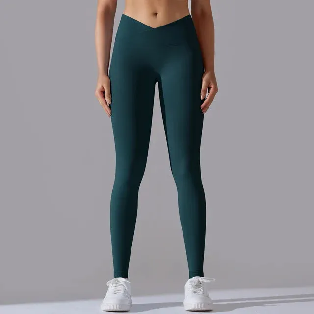 V Cross Waist Seamless Leggings - Women's High Waist Push Up Butt Yoga Pants