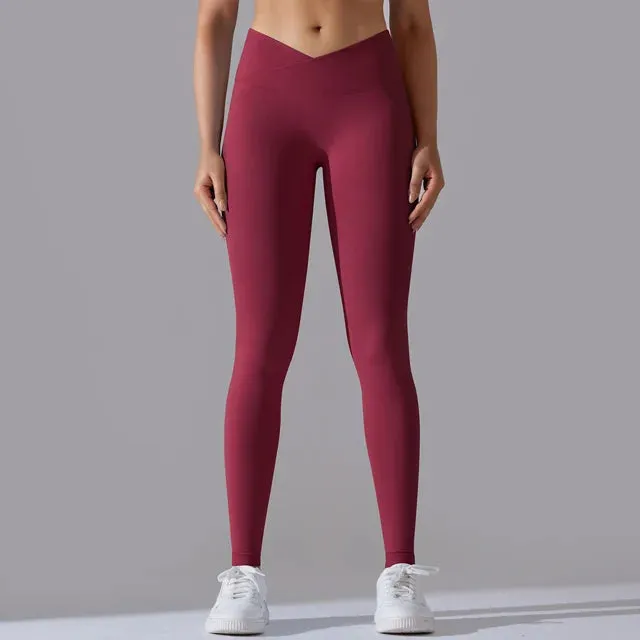 V Cross Waist Seamless Leggings - Women's High Waist Push Up Butt Yoga Pants