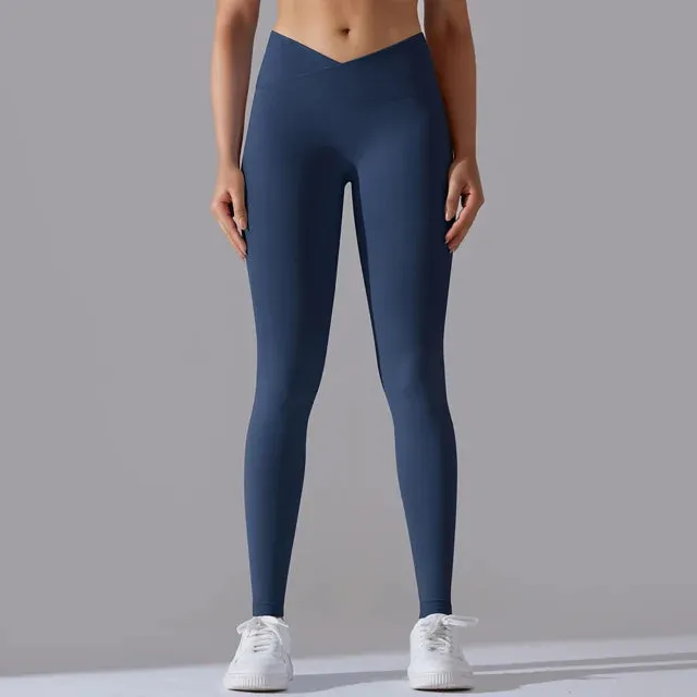 V Cross Waist Seamless Leggings - Women's High Waist Push Up Butt Yoga Pants