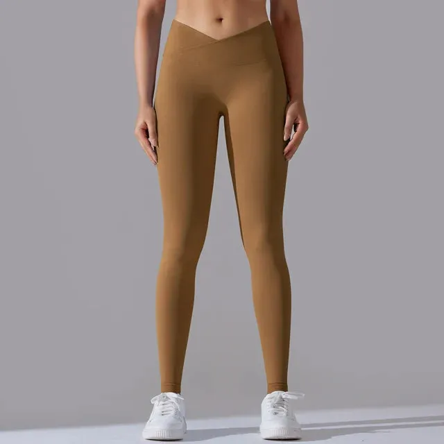 V Cross Waist Seamless Leggings - Women's High Waist Push Up Butt Yoga Pants