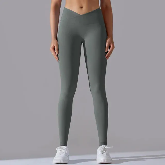 V Cross Waist Seamless Leggings - Women's High Waist Push Up Butt Yoga Pants