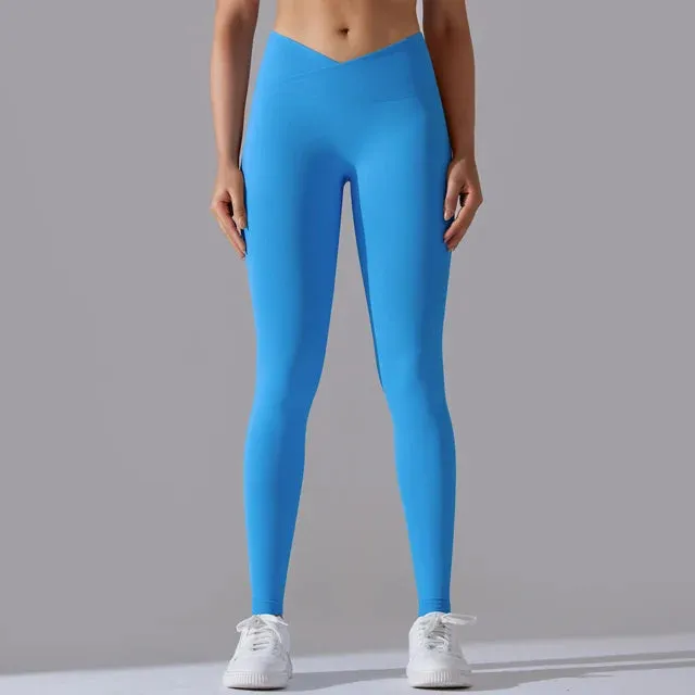 V Cross Waist Seamless Leggings - Women's High Waist Push Up Butt Yoga Pants