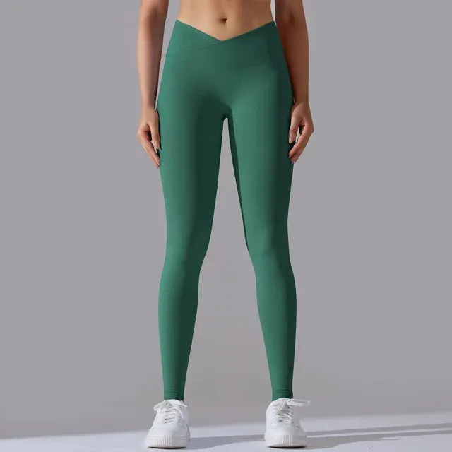 V Cross Waist Seamless Leggings - Women's High Waist Push Up Butt Yoga Pants