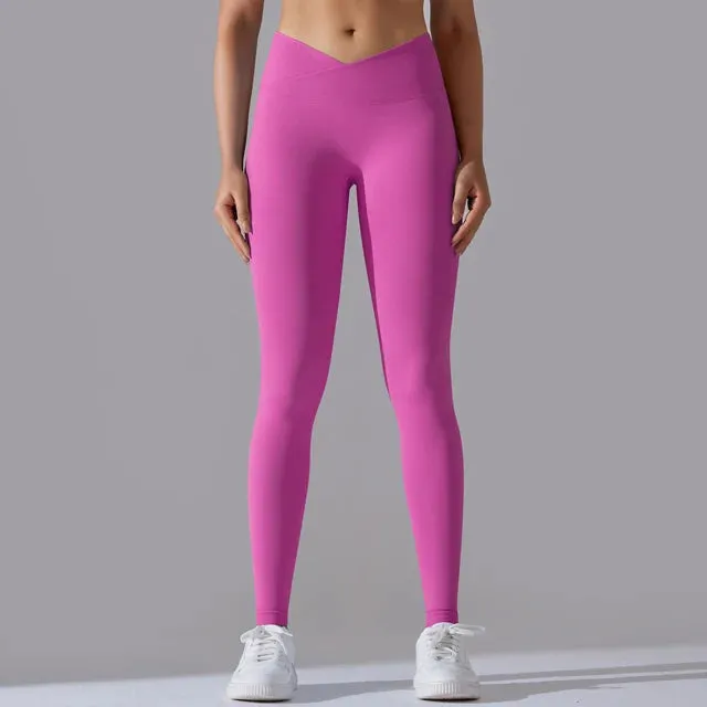 V Cross Waist Seamless Leggings - Women's High Waist Push Up Butt Yoga Pants