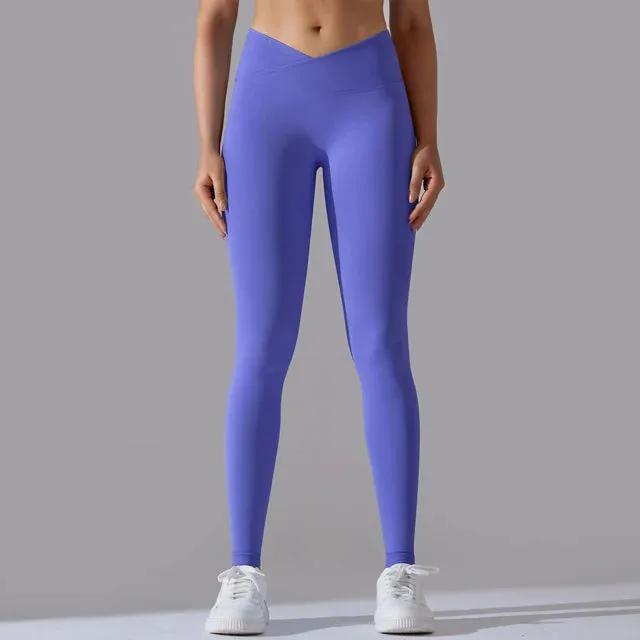 V Cross Waist Seamless Leggings - Women's High Waist Push Up Butt Yoga Pants