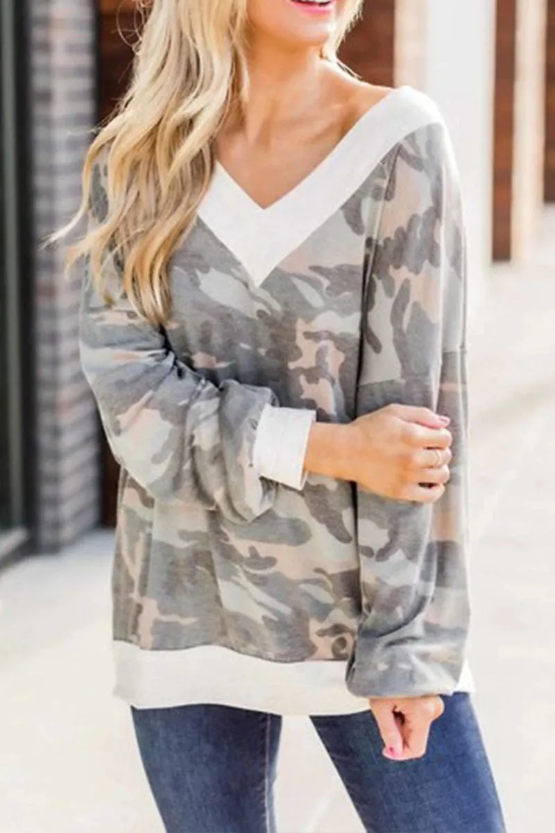 V-neck Leopard Camouflage Loose Top