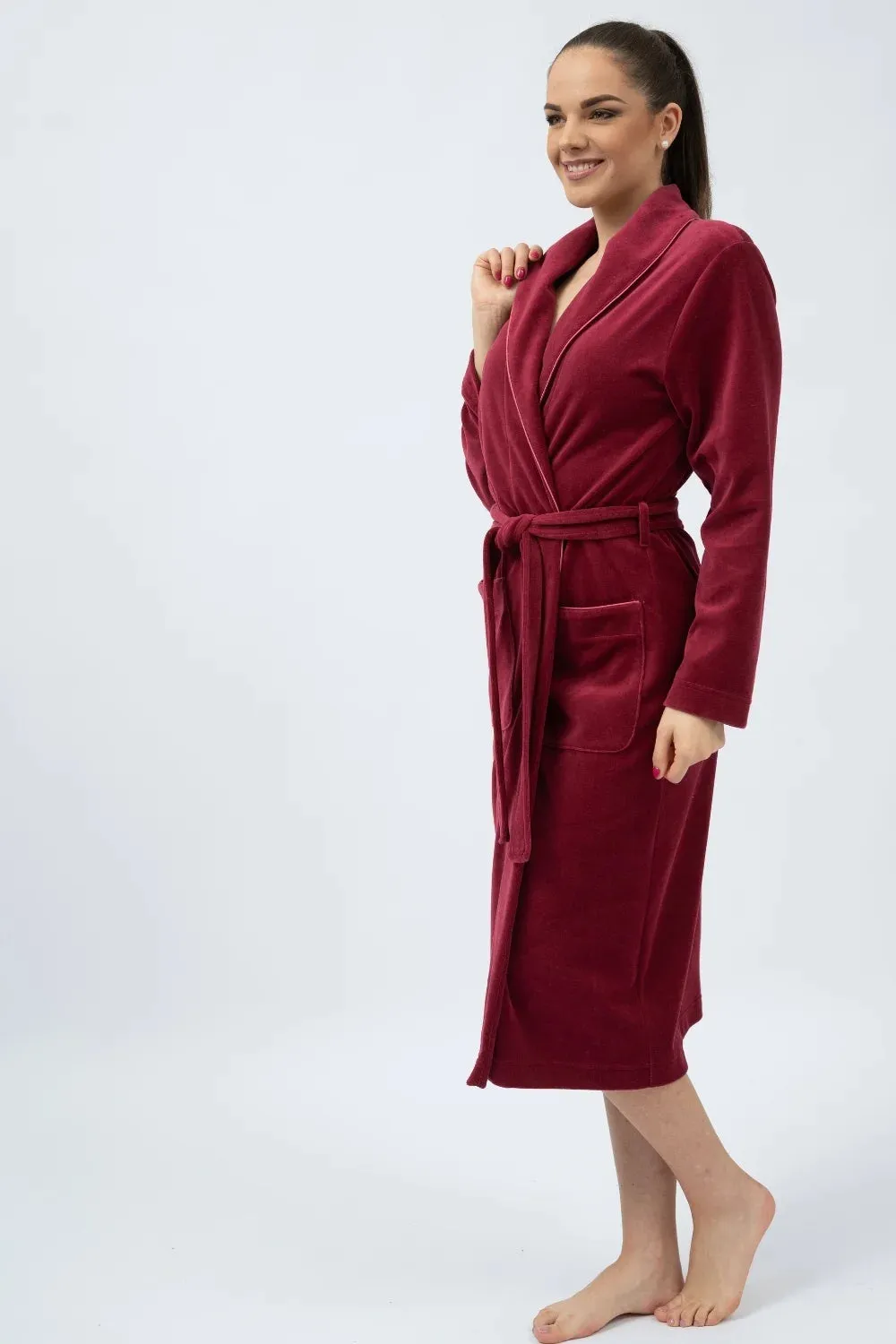 Velour Shawl Collar Bathrobe with Sateen Piping – Classic & Soft