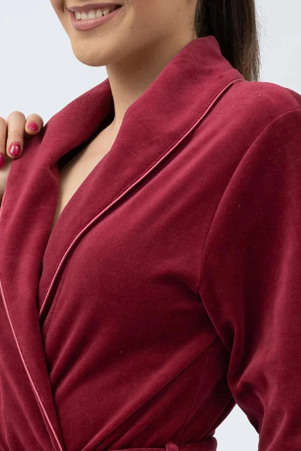 Velour Shawl Collar Bathrobe with Sateen Piping – Classic & Soft