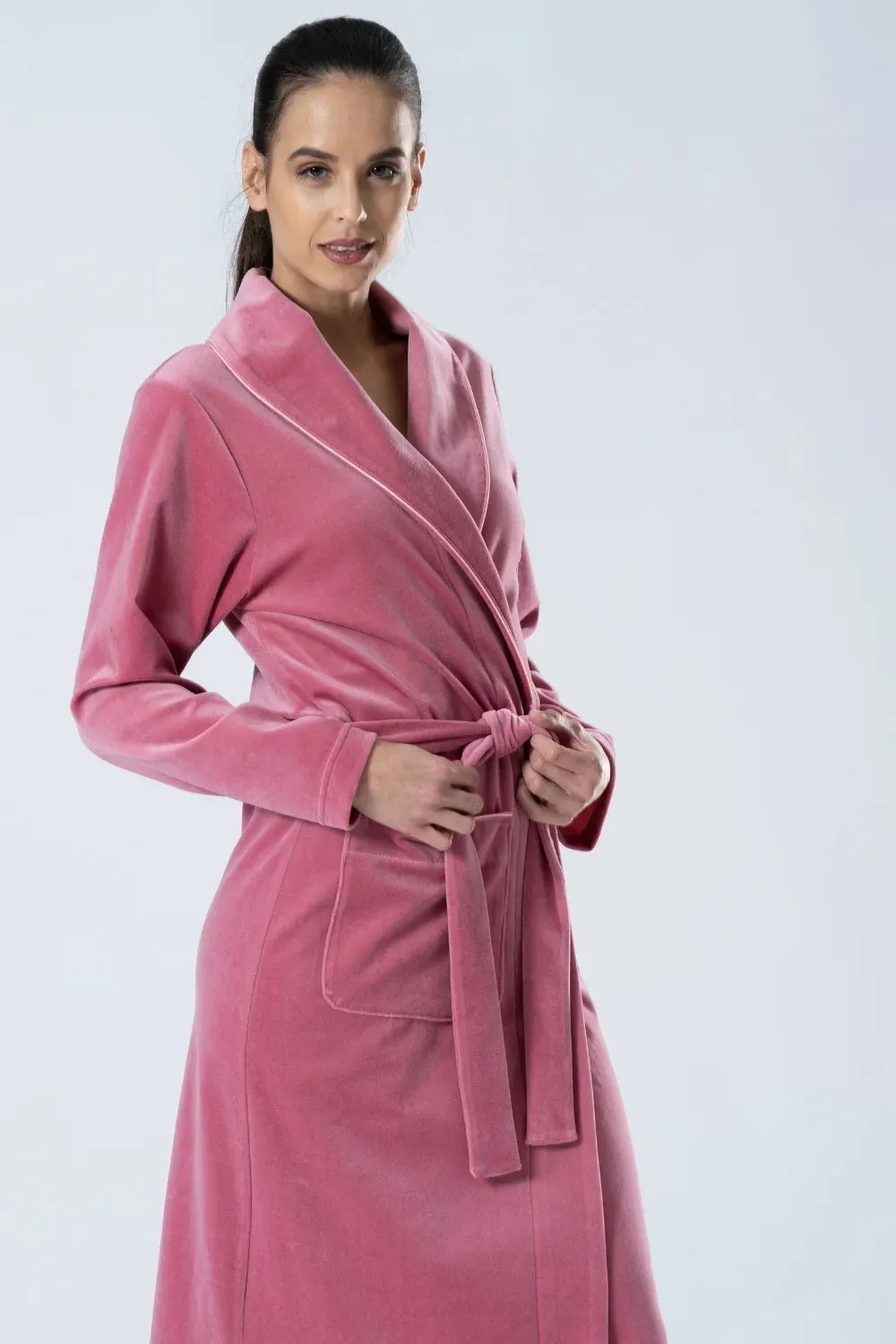 Velour Shawl Collar Bathrobe with Sateen Piping – Classic & Soft