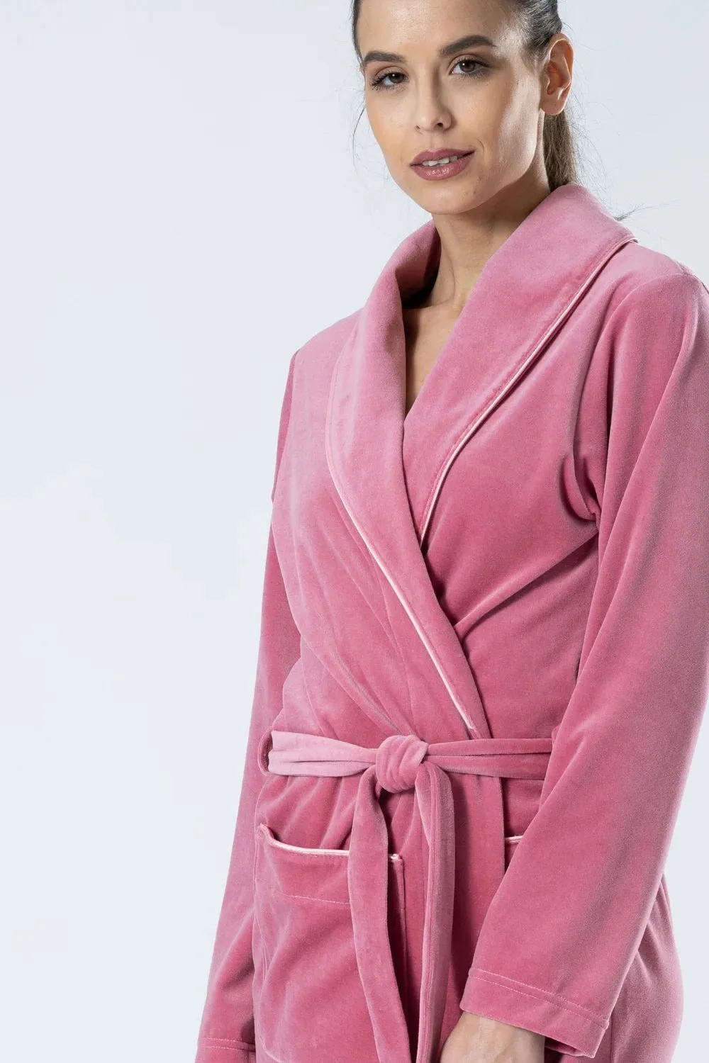 Velour Shawl Collar Bathrobe with Sateen Piping – Classic & Soft